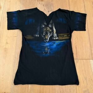 Vintage 90s Wolf Full Print Tee – Cut Neck – Rare Piece! Size M